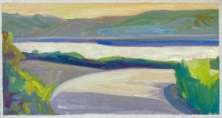 an abstract landscape of a road leading down to a lake in front of mountains under a yellow sky.